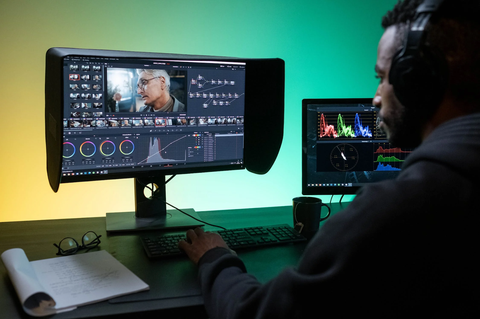 A man in a headset sitting in front of 2 monitors editing