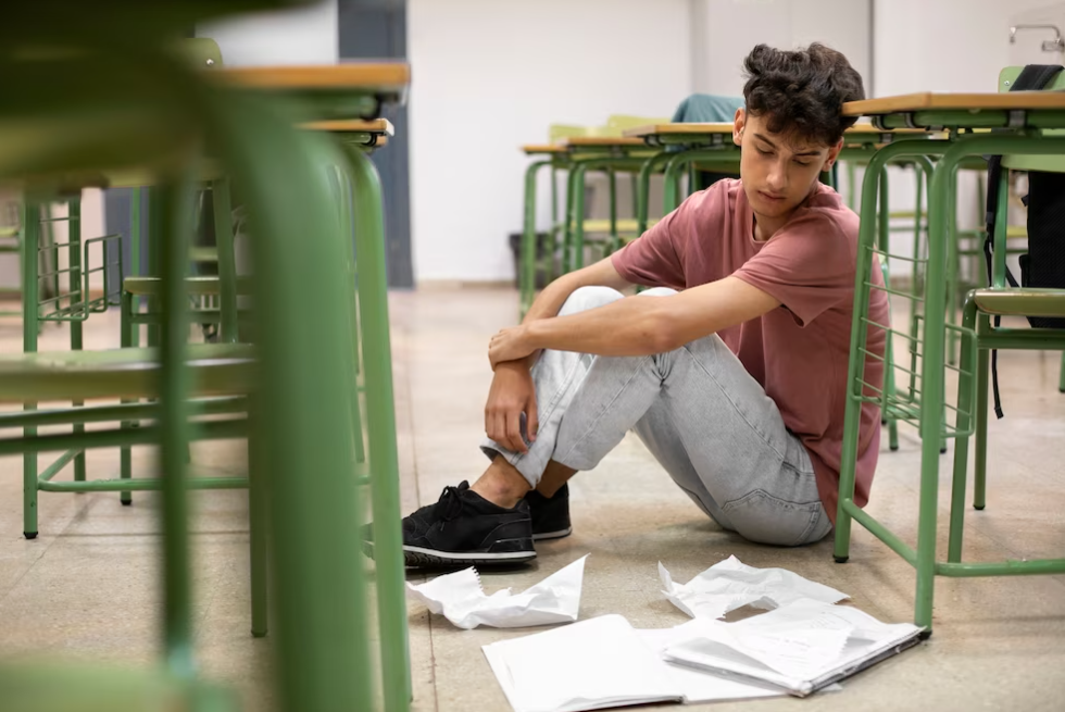 boy sits on the floor in the class and looks at the papers